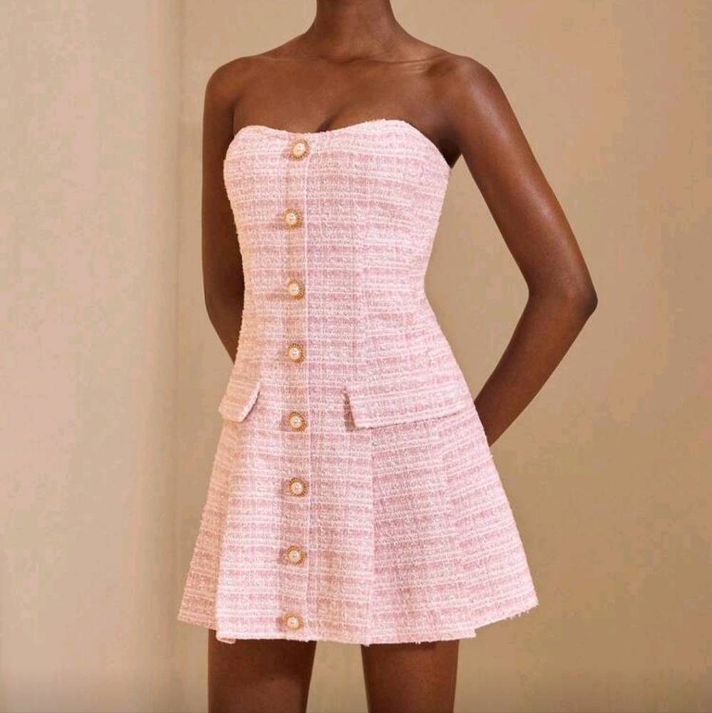 Pink Strapless Multi Tweed Mini Dress Women Autumn Elegant Wear Button Resort - Picture 2 of 4